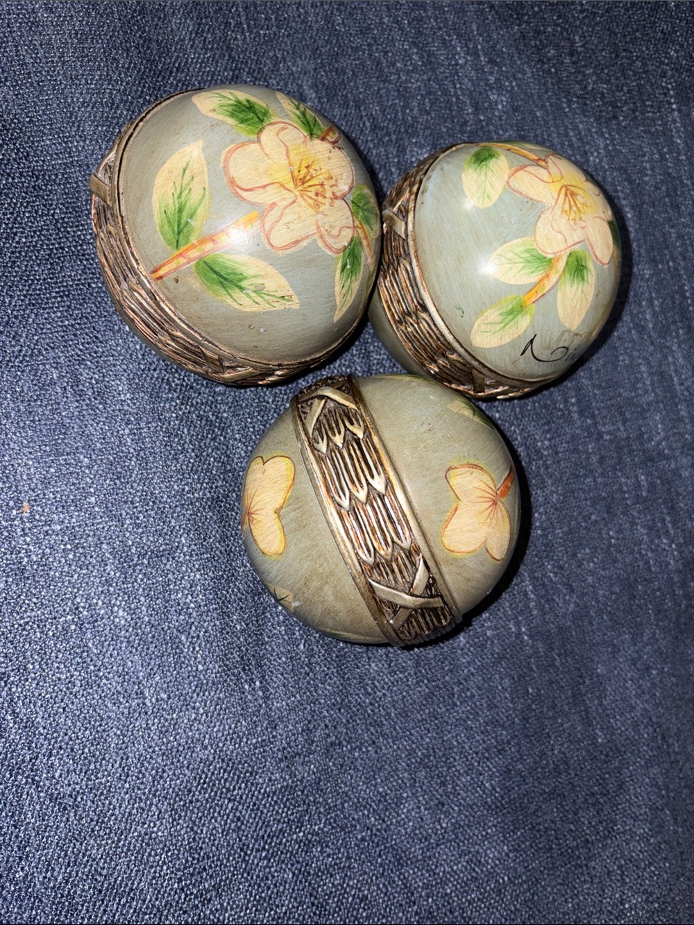 Hand-Painted Floral Ceramic Trinket Balls - Green